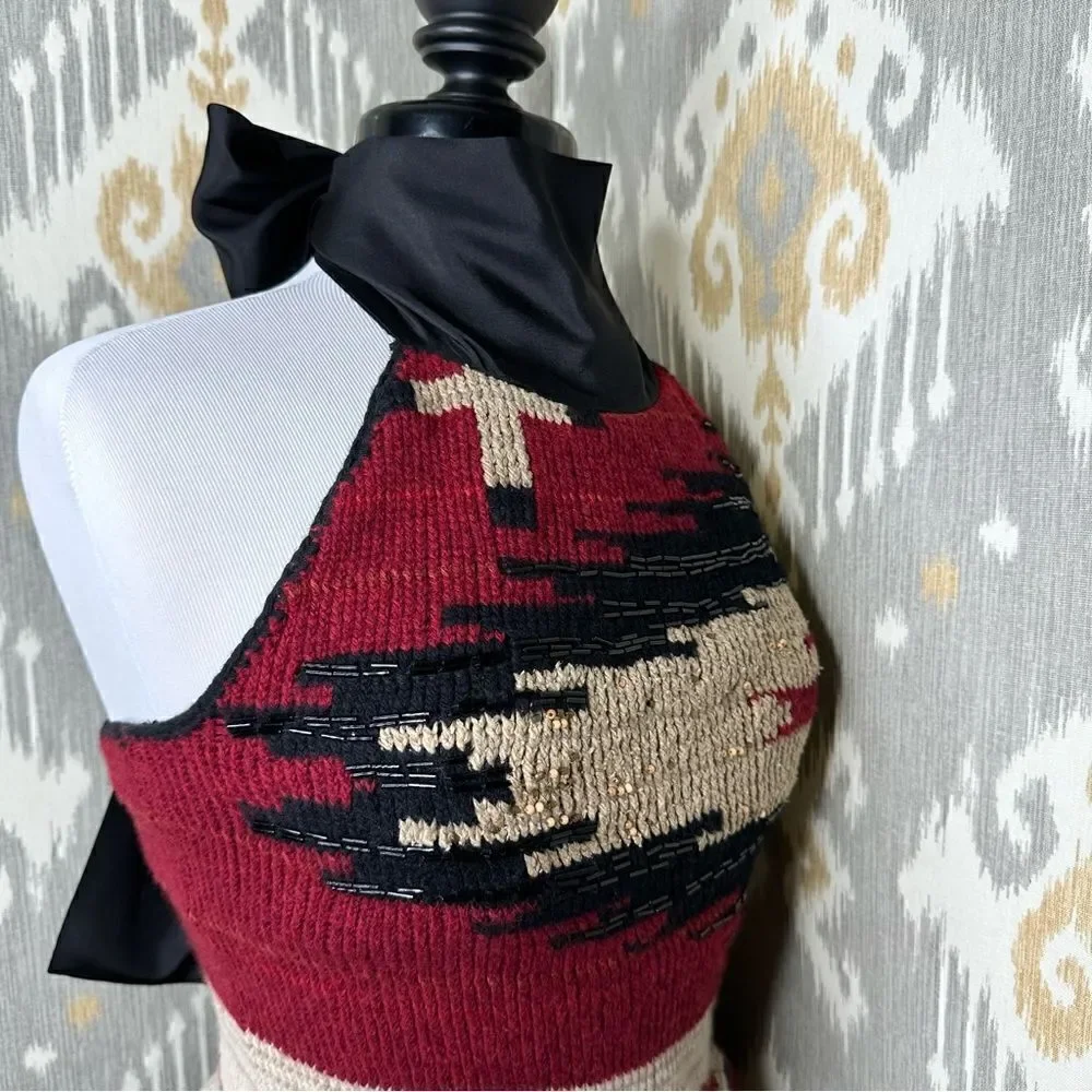 Ralph Lauren * 2011 Hand-Knit Red Beacon Blanket Beaded Halter with Silk Scarf - Picture 8 of 16